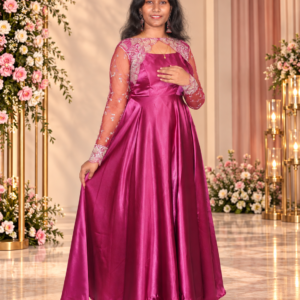 Fuchsia Pink Sequin Embroidered Satin Anarkali Gown with Sheer Sleeves