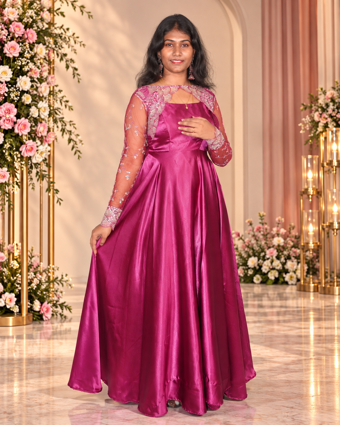 Fuchsia Pink Sequin Embroidered Satin Anarkali Gown with Sheer Sleeves
