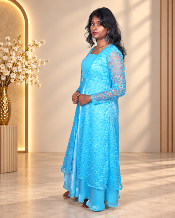 Aqua Blue Floral Embroidered Sheer Overlay Anarkali Gown