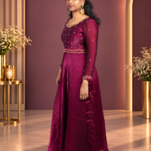 Maroon Embroidered Draped Anarkali Gown with Sheer Dupatta