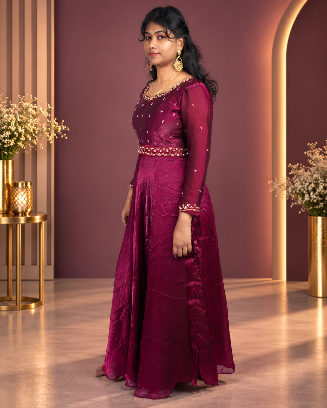 Maroon Embroidered Draped Anarkali Gown with Sheer Dupatta