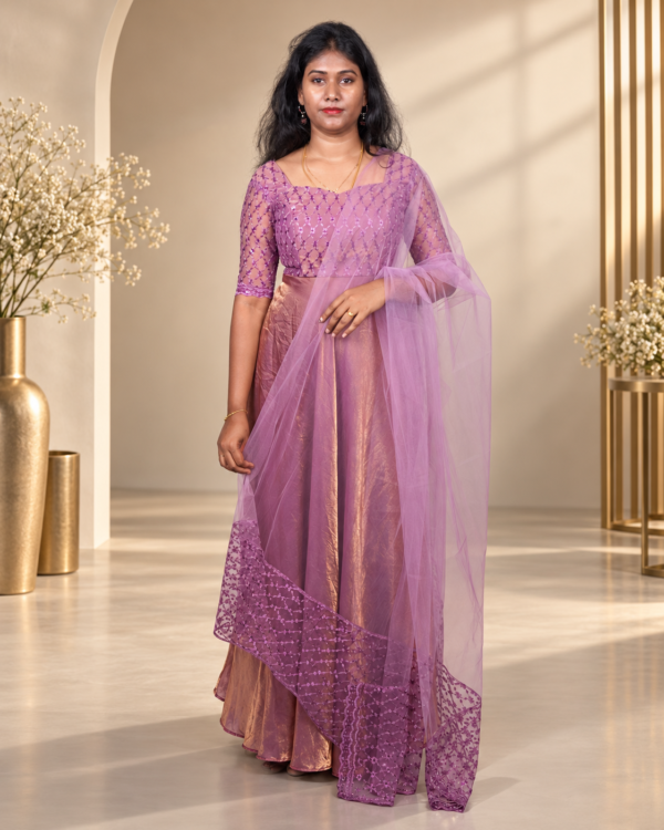 Mauve Lilac Floral Embroidered Anarkali Gown with Sheer Dupatta