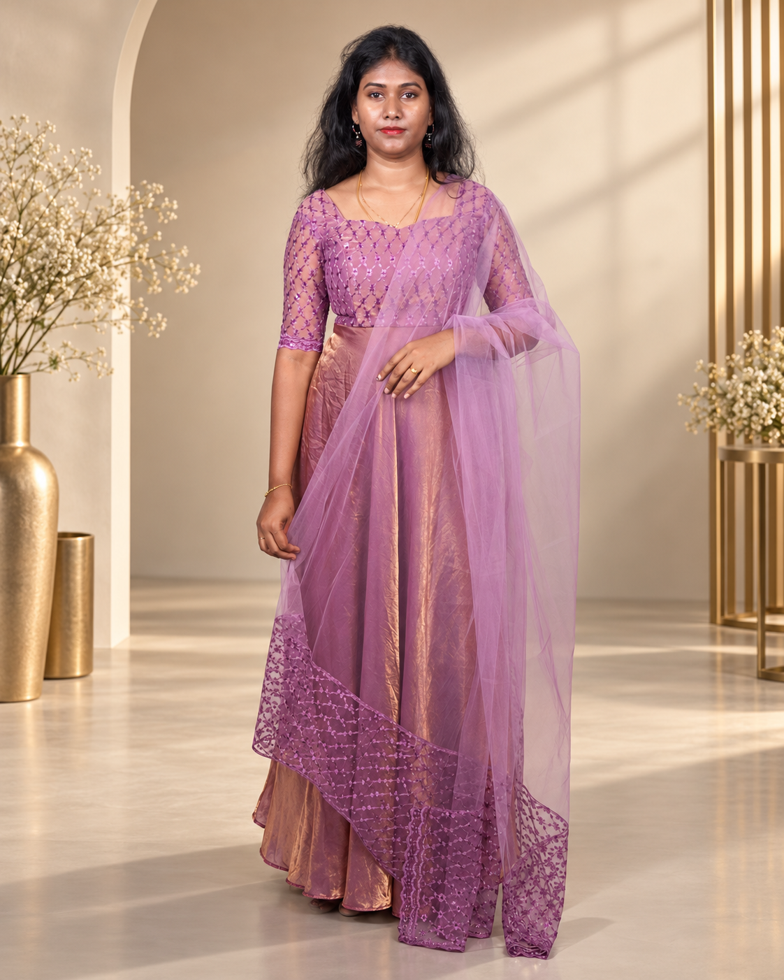 Mauve Lilac Floral Embroidered Anarkali Gown with Sheer Dupatta