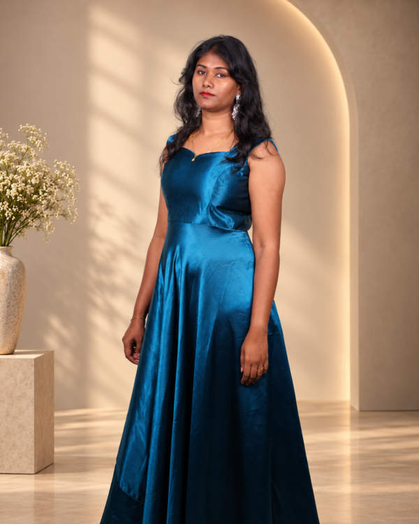 Peacock Blue Floral Sequin Embroidered Floor-Length Gown
