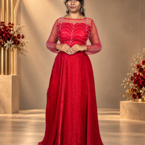 Red Sequin Embroidered Anarkali Gown with Sheer Sleeves