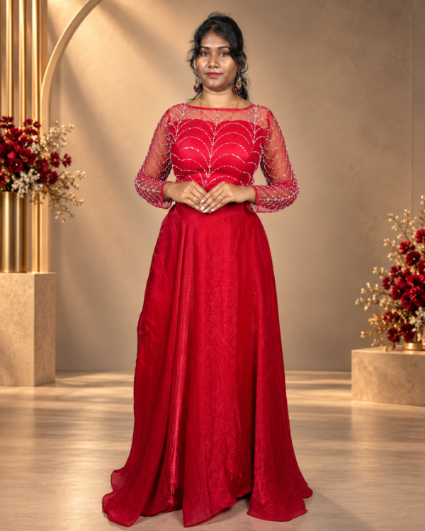 Red Sequin Embroidered Anarkali Gown with Sheer Sleeves