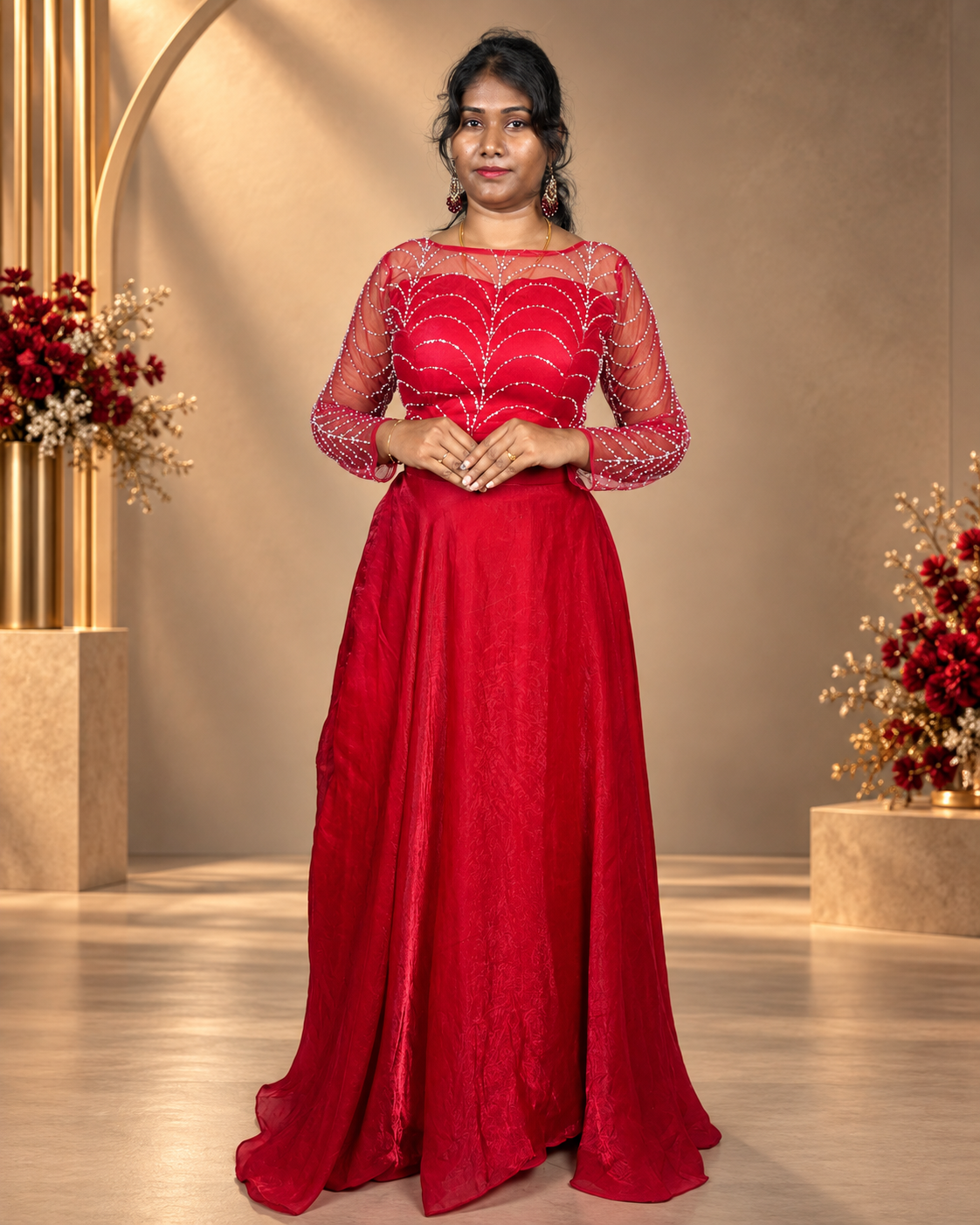 Red Sequin Embroidered Anarkali Gown with Sheer Sleeves