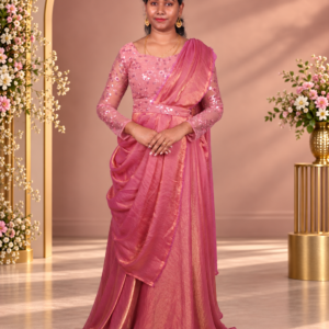 Rose Pink Draped Anarkali Gown with Floral Sequin Embroidered Sheer Sleeves