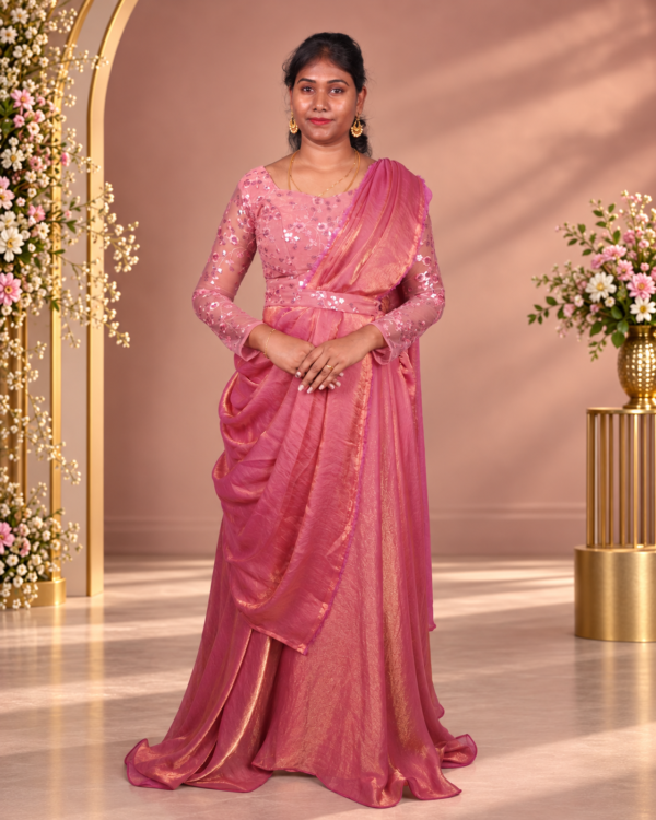 Rose Pink Draped Anarkali Gown with Floral Sequin Embroidered Sheer Sleeves
