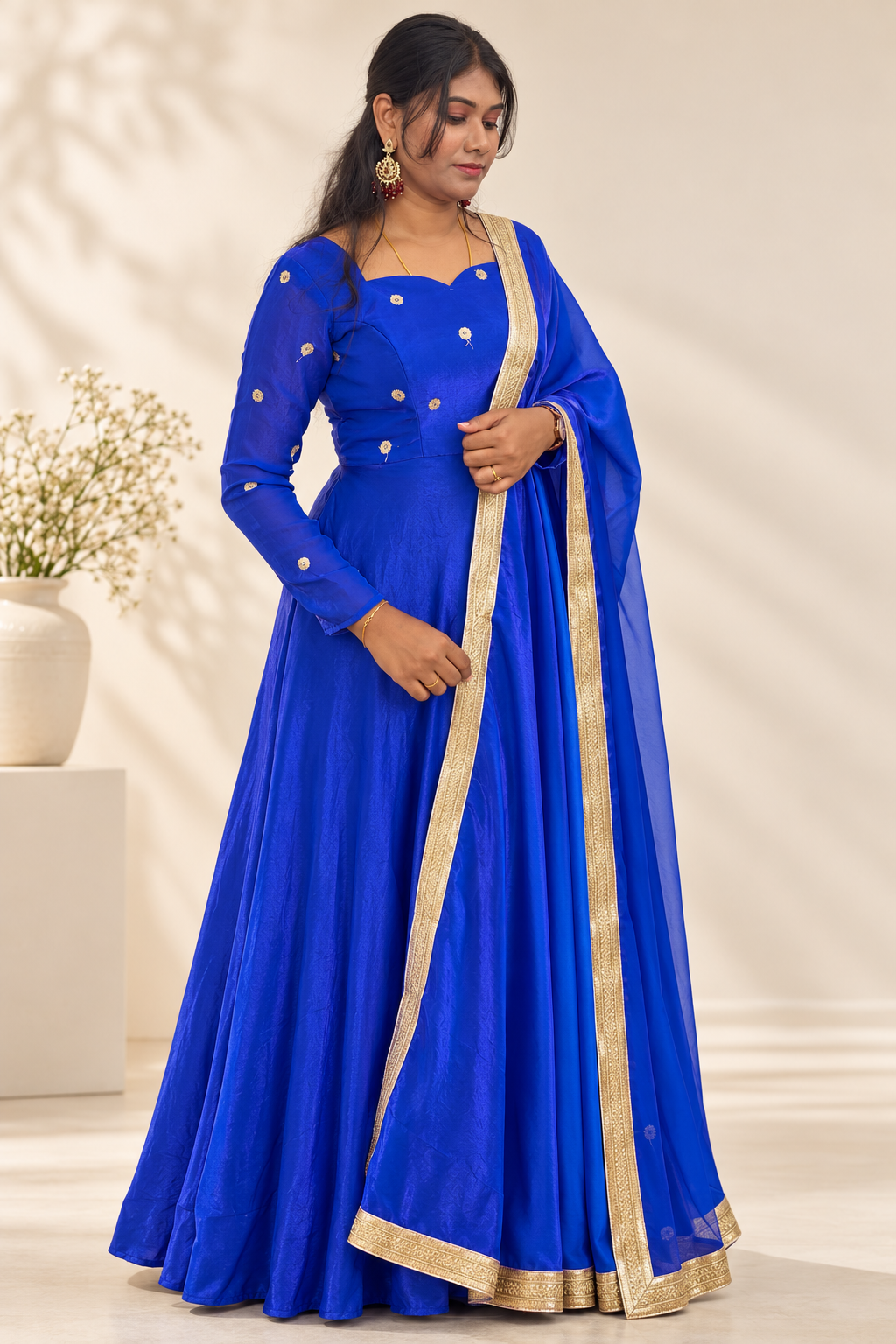 Royal Blue Floral Embroidered Anarkali Gown with Sheer Sleeves