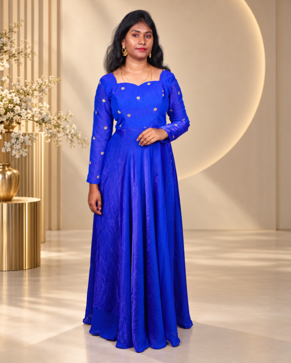 Royal Blue Floral Embroidered Anarkali Gown with Sheer Sleeves