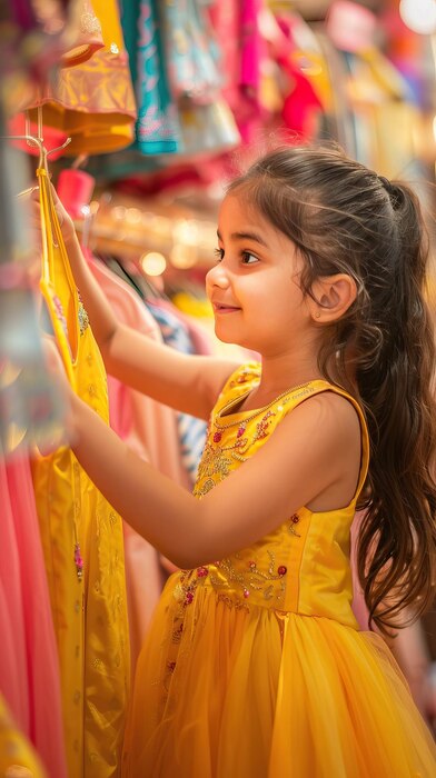young girl yellow dress shopping colorful clothes vibrant clothing store 543222 14755 (1)