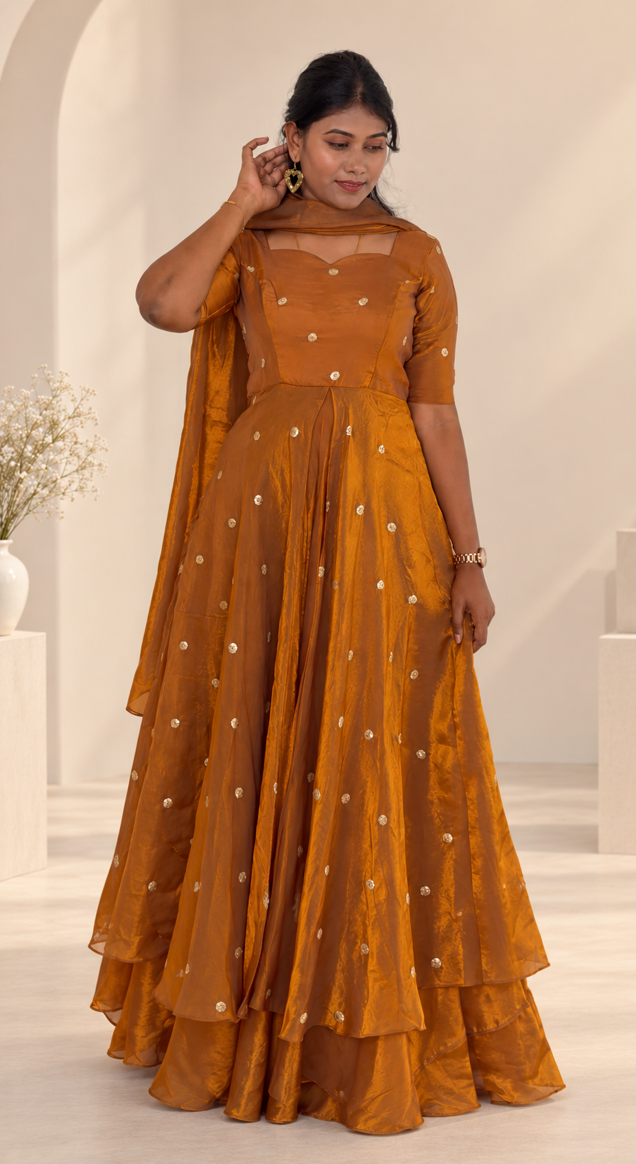 Gold Copper Layered Anarkali gown