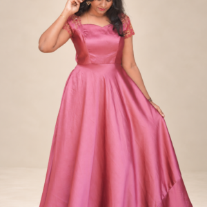 Magenta Satin Gown with Embroidery Floral Sleeves