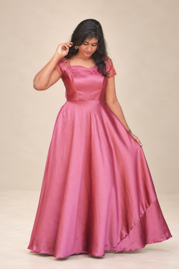 Magenta Satin Gown with Embroidery Floral Sleeves
