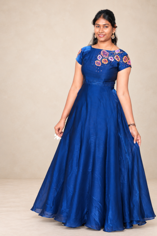 Navy Blue Organza Embroidered Gown