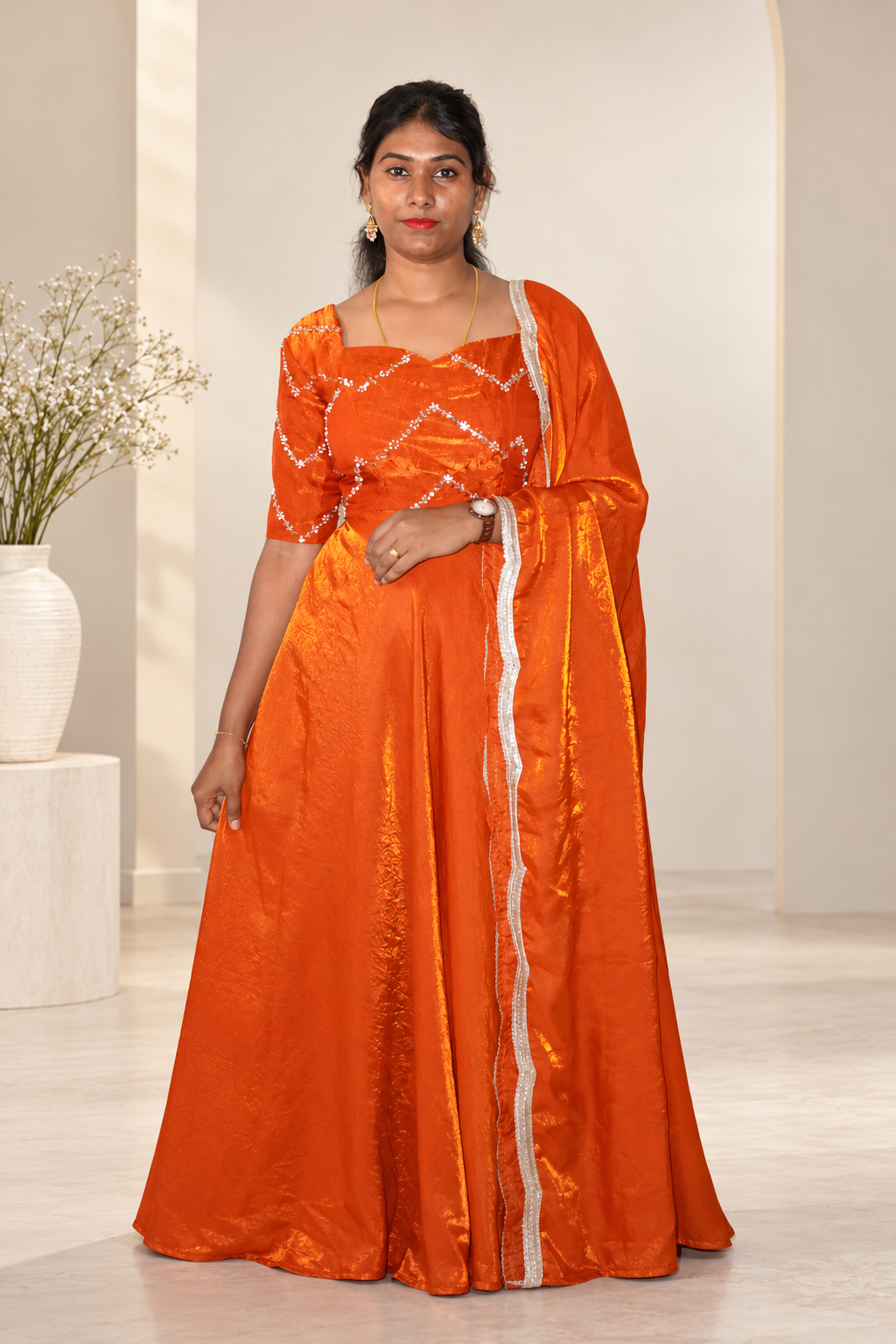 Rust Orange Gown with Bead Embroidery work